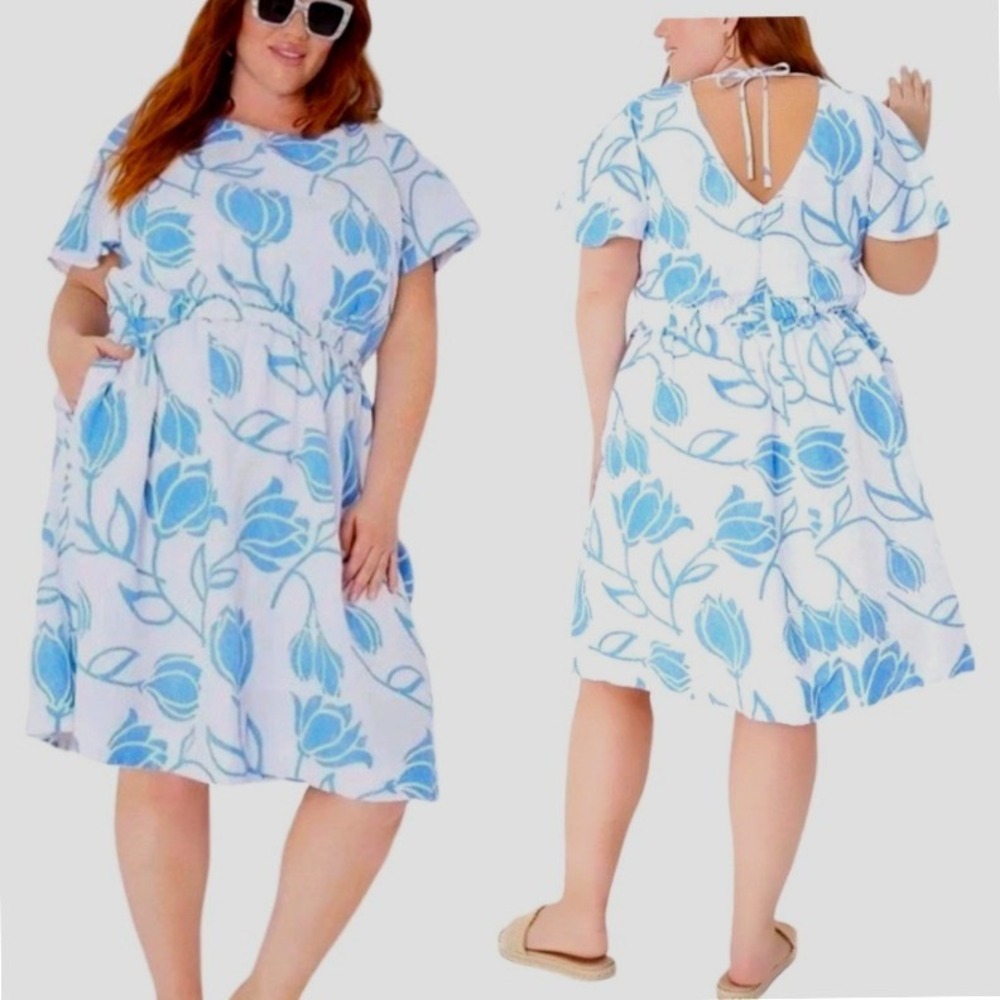 Lane Bryant Linen Blend Floral Dress Size 18 Blue Flutter Sleeve Tie Back Beach